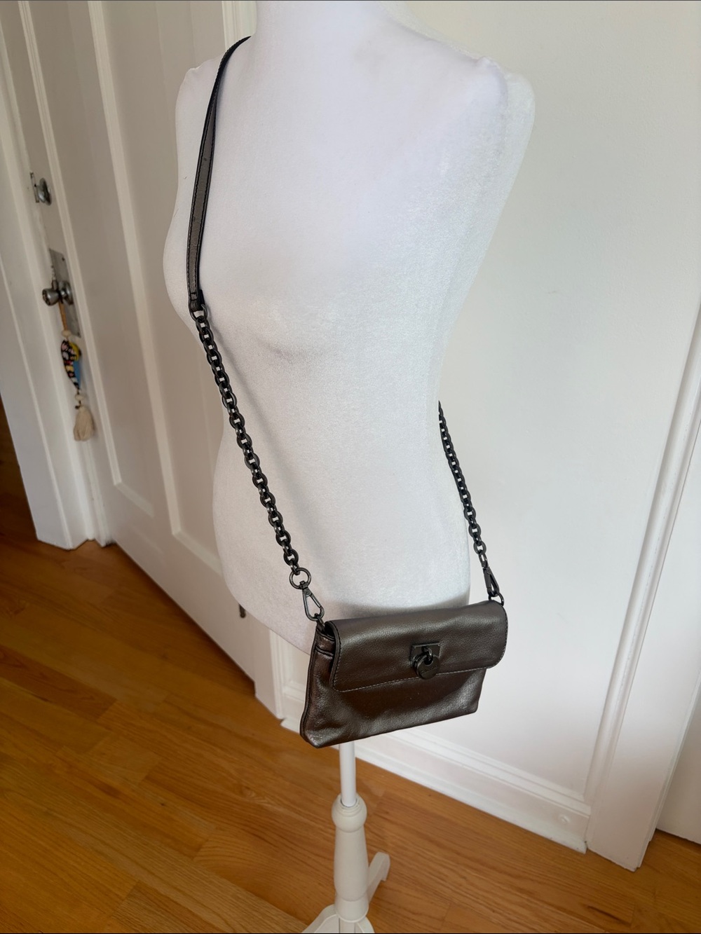 Calvin Klein Pewter Leather Crossbody Shoulder Bag with Chain Strap